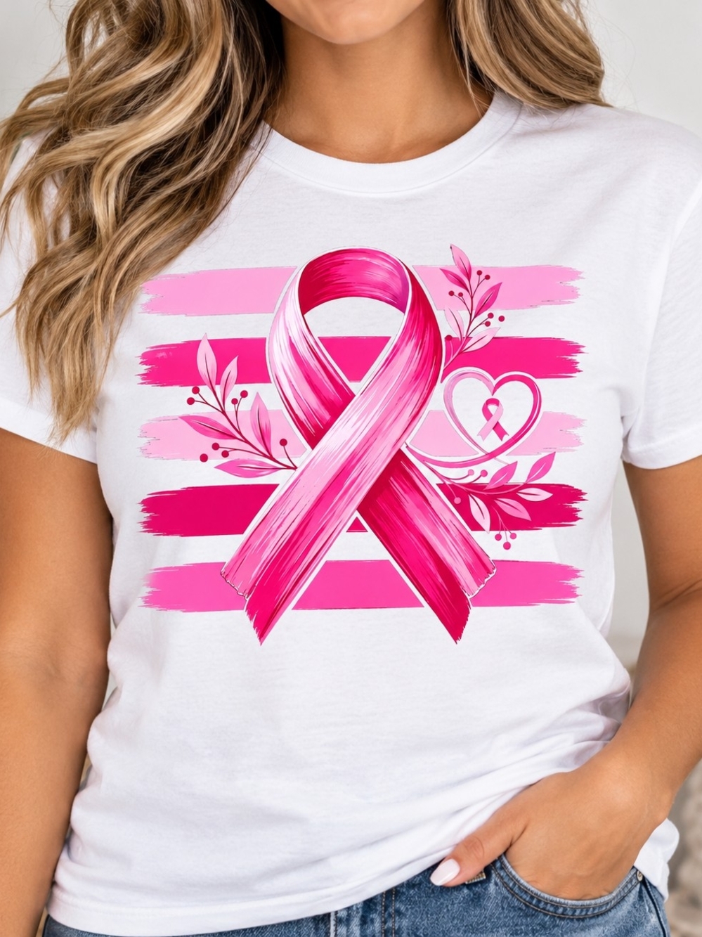 Breast Cancer Awareness Pink Ribbon Graphic Short Sleeve Tee
